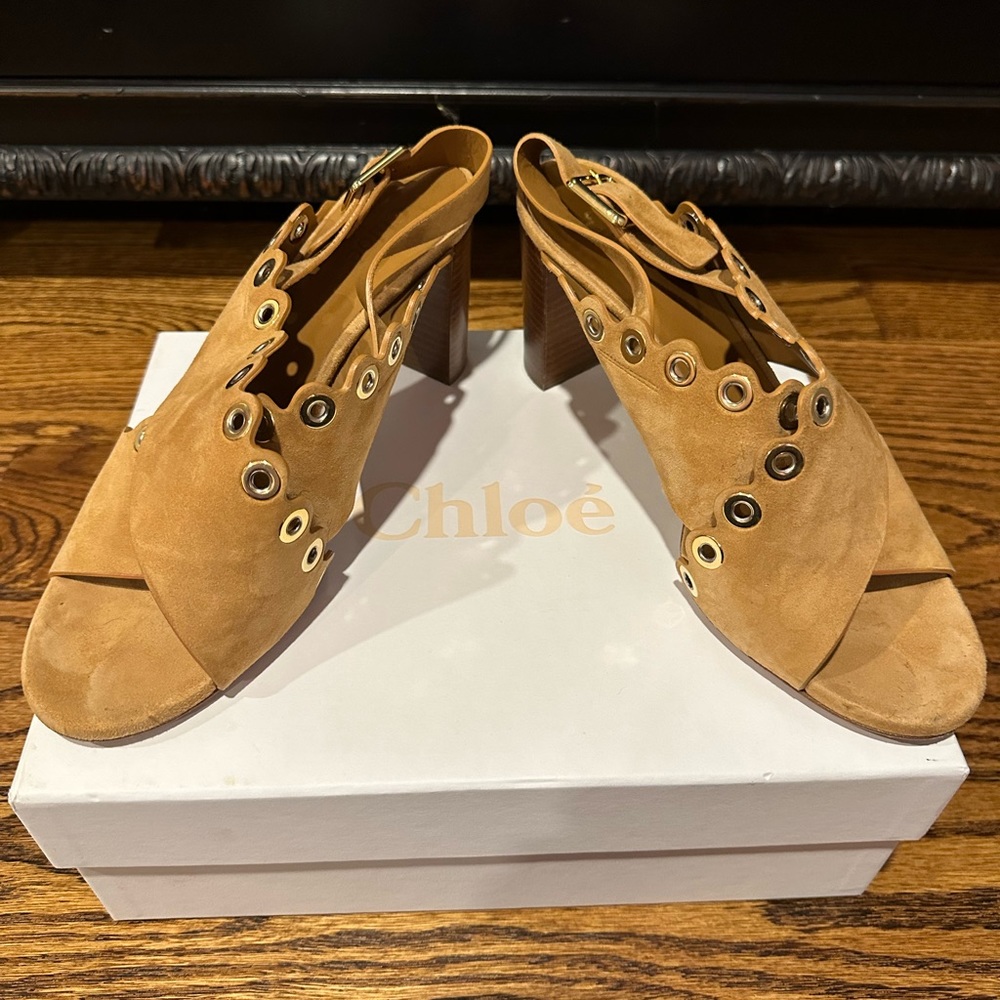 Chloe suede heels with gold  circular cut outs